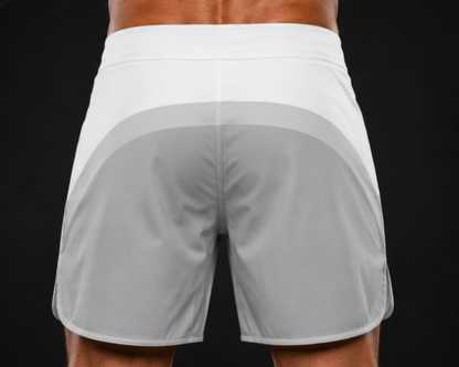 White athletic shorts with gray mesh panels on a black background