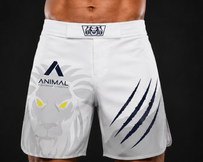 White athletic shorts with logos on a black background