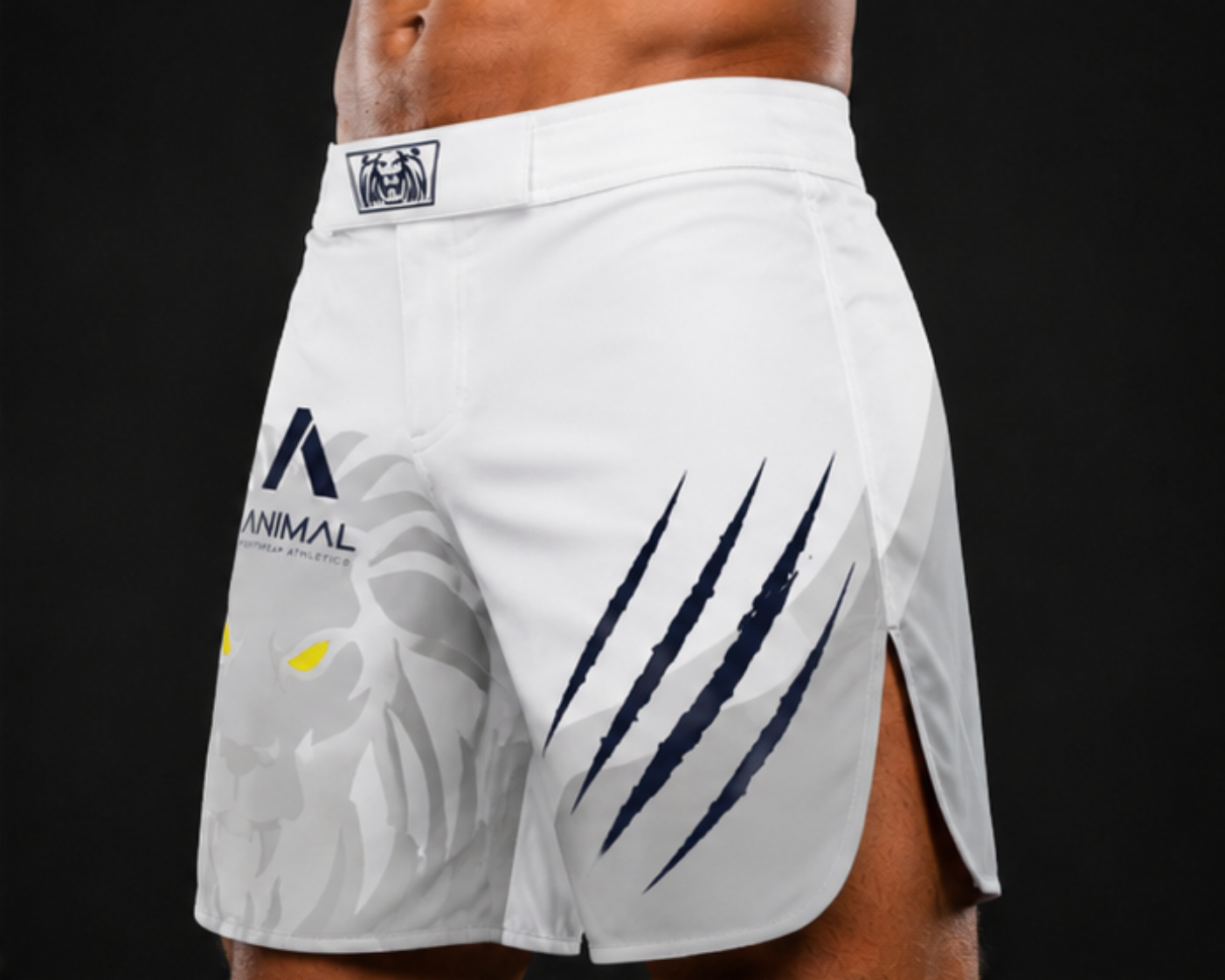 White athletic shorts with brand logos on a black background