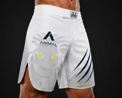 White athletic shorts with 'Animal' branding on a black background
