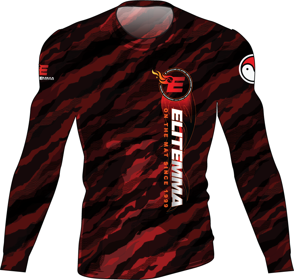 Red and black camouflage long-sleeve shirt with Eliteninja logo on a white background