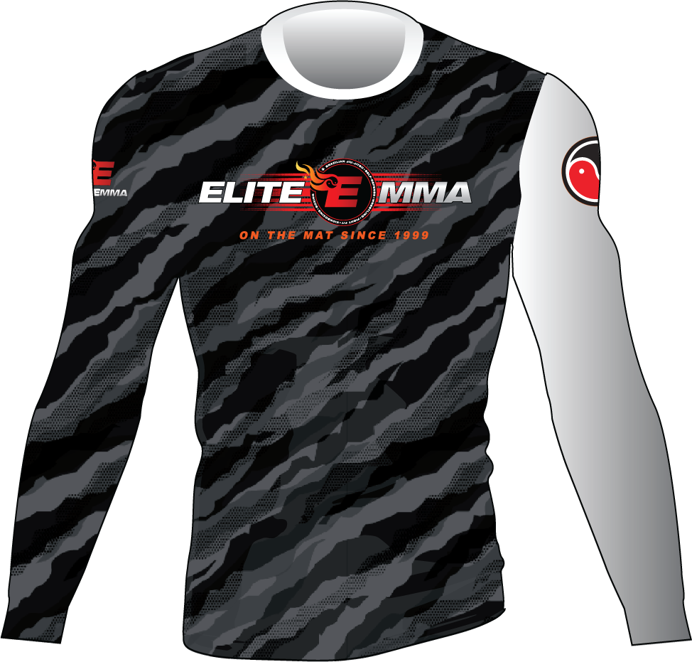 Black and gray camouflage long-sleeve shirt with Elite MMA logo on a white background