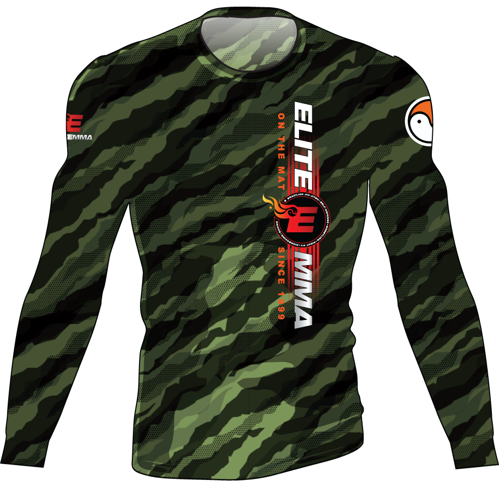 Camouflage long-sleeve shirt with branding on a white background