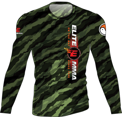 Camouflage long-sleeve shirt with branding on a white background