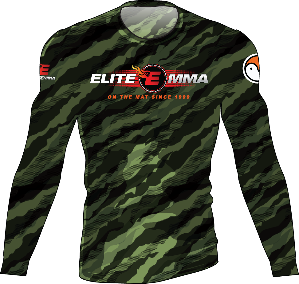 Camouflage long-sleeve shirt with Elite MMA logo on a white background