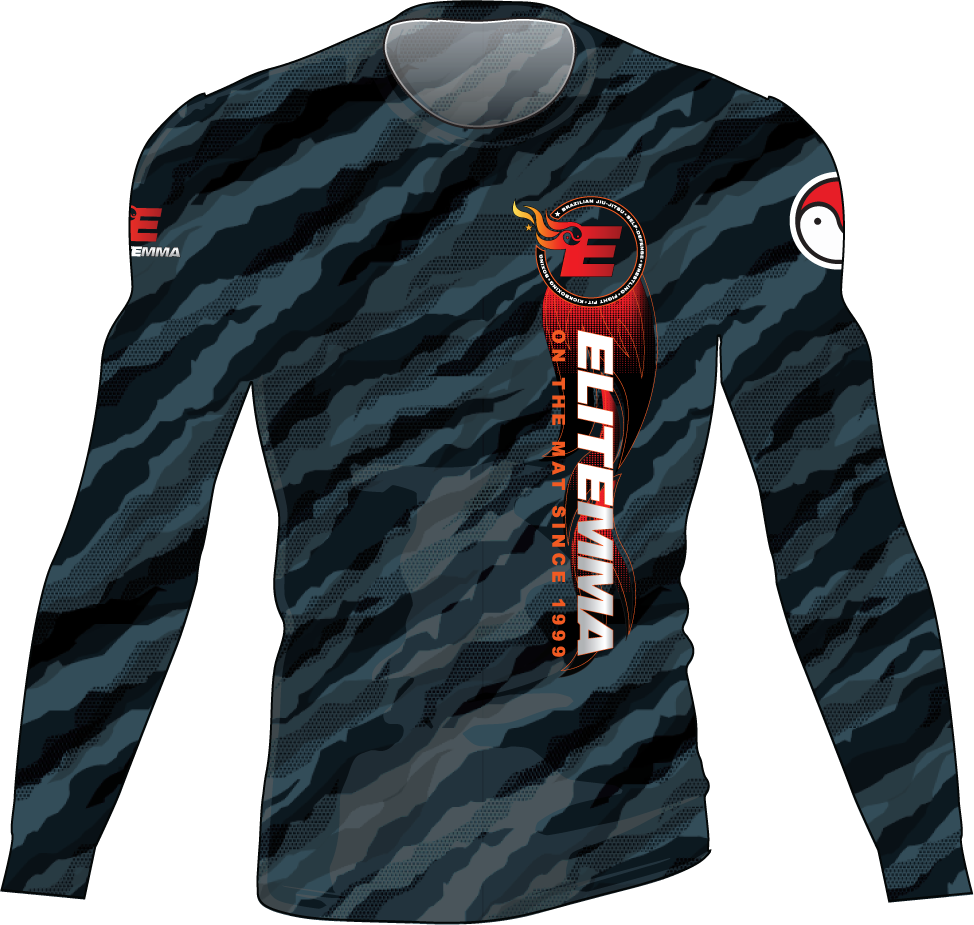 Camouflage long-sleeve shirt with branding on a white background