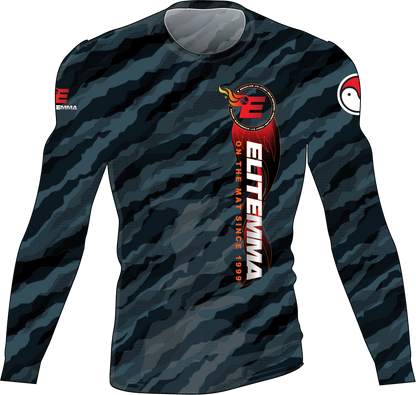 Camouflage long-sleeve shirt with branding on a white background