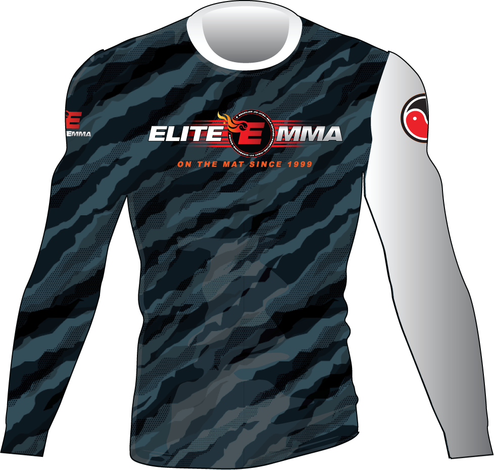 Camouflage long-sleeve shirt with Elite MMA logo on a white background